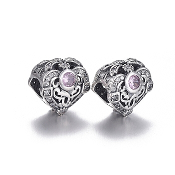 925 Sterling Silver European Beads, Large Hole Beads, with Cubic Zirconia, with 925 Stamp, Heart, Thailand Sterling Silver Plated, 11.5x11x8.5mm, Hole: 4.5mm