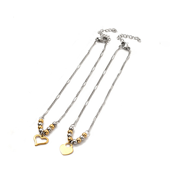 Two Tone 304 Stainless Steel Charm Anklet with Curb Chains for Women, Golden & Stainless Steel Color, Mixed Patterns, Pendant: 11x10~11x0.5~1mm, 8-3/4 inch(22.3cm)