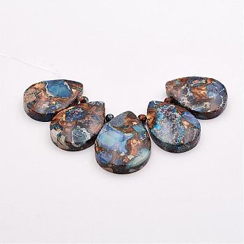 Assembled Bronzite and Imperial Jasper Beads Strands, Top Drilled Beads, Dyed, Teardrop, 30~35x22~26x7mm, Hole: 2mm, about 5pcs/strand, 4.13 inch