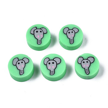 Handmade Polymer Clay Beads, for DIY Jewelry Crafts Supplies, Flat Round with Elephant, Spring Green, 9~9.5x3.5~5mm, Hole: 1.6mm