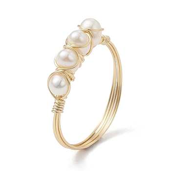 Copper Wire Wrapped Natural Cultured Freshwater Pearl Open Ring, Cuff Finger Ring for Women, Light Gold, 1.5~4.5mm, Inner Diameter: 19mm