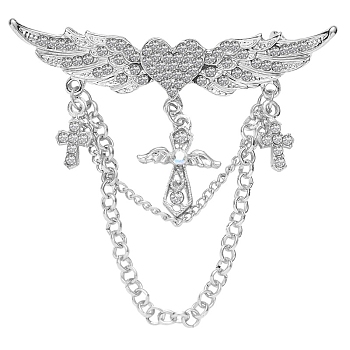 Heart with Angel Wings Alloy Full Crystal Rhinestone Hanging Chain Brooch, for Clothes Backpack, Platinum, 65x60mm