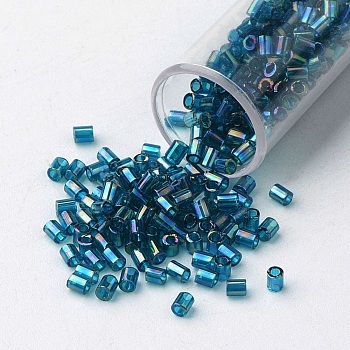TOHO Transparent Glass Bugle Beads, Round Hole, Dyed, Colors Lustered, (167BD) Transparent AB Teal, 2x1.7~1.8mm, Hole: 1mm, about 6650pcs/bag, 100g/bag