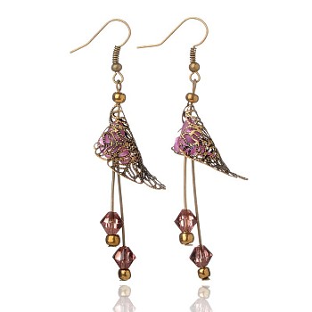 Acrylic Pendant Earrings, with Brass Filigree Flower Bead Caps, Glass Beads and Iron Earring Hooks, Lovely Wedding Dress Angel Dangle, Antique Bronze, Purple, 50mm, Pin: 0.8mm