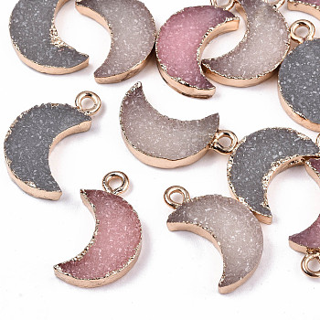 Druzy Resin Pendants, with Edge Light Gold Plated Iron Loops, Moon, Mixed Color, 19x11x3.5mm, Hole: 1.8mm