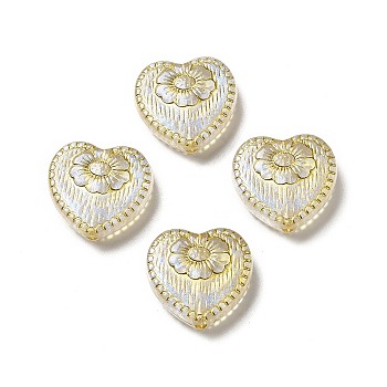 Plating Acrylic Beads, Golden Metal Enlaced, Heart with Flower Pattern, White, 17x18x6mm, Hole: 1.6mm