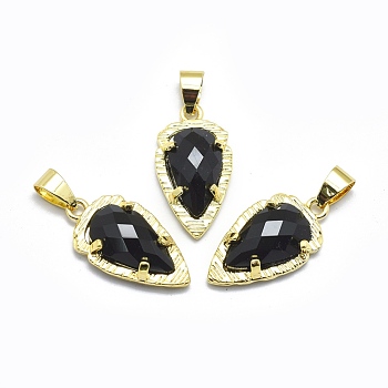 Natural Black Agate Pendants, with Brass Findings, Teardrop, Golden, 23.5x12.5x5.5mm, Hole: 4.5x5mm