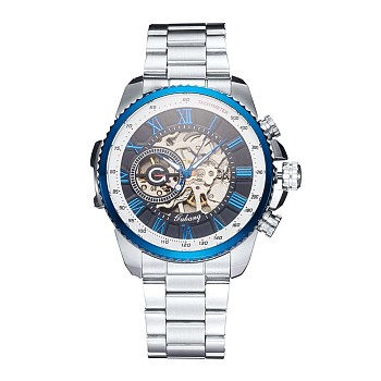 Alloy Watch Head Mechanical Watches, with Stainless Steel Watch Band, Blue & Stainless Steel Color, 220x20mm, Watch Head: 51x52x14.5mm, Watch Face: 39mm