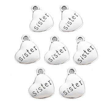 Tibetan Style Alloy Family Charms, Heart with Word Sister, Cadmium Free & Lead Free, Antique Silver, 14x18x3mm, Hole: 2.5mm