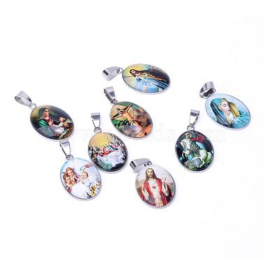 Stainless Steel Color Mixed Color Oval Stainless Steel+Glass Pendants