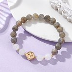 Round Natural Labradorite & White Jade Beads Stretch Bracelets, 304 Stainless Steel Flat Round with Cross Jewelry for Women, Beads: 8mm, Inner Diameter: 1.97 inch(5cm)(BJEW-JB13674)