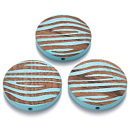 Painted Natural Wood Beads, Laser Engraved Pattern, Flat Round with Zebra-Stripe, Deep Sky Blue, 30x5mm, Hole: 1.6mm(X-WOOD-N006-06F)