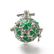 Alloy Enamel Bead Cage Pendants, Hollow Clover Charm, for Chime Ball Pendant Necklaces Making, Platinum, Green, 34mm, Hole: 6x3mm, Bead Cage: 26x25x21mm, 18mm Inner Size.(ENAM-M047-01P-A)
