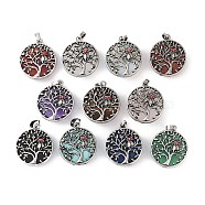 Natural & Synthetic Mixed Gemstone Tree of Life with Owl Pendants, Rack Plating Anstique Silver Plated Alloy Siam Rhinestone Flat Round Charms, Lead Free & Cadmium Free, Mixed Dyed and Undyed, 31.5x27.5x10~11mm, Hole: 8x4mm(G-L524-15AS)