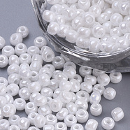 Baking Paint Glass Seed Beads, Round, White, 3x1.5~3mm, Hole: 1mm, about 10000pcs/bag, about 450g/bag(SEED-Q025-3mm-L32)