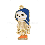 Halloween Alloy Enamel Pendants, Golden, Skeleton Charm, Medium Blue, 33x14x2mm, Hole: 1.9mm(ENAM-H045-01G-08)