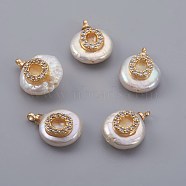 Natural Cultured Freshwater Pearl Pendants, with Micro Pave Cubic Zirconia, Brass Findings, Long-Lasting Plated, Letter, Real 18K Gold Plated, Letter.O, 14~28x9~16x5~9mm, Hole: 1.5mm(PEAR-F008-30G-O)
