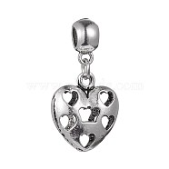 Alloy European Dangle Beads, Large Hole Pendants, Heart, Antique Silver, 38mm, Hole: 5mm; Heart: 23x20x9mm(MPDL-L028-34AS)