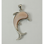 Sea Shell Pendants, Single Side, with Brass Findings, Dolphin, Pink, Size: about 22.5mm wide, 37mm long, 5.5mm thick, hole: 5x2.5mm(X-SSHEL-N001-293)