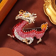 Dragon Alloy Rhinestones Brooches, Flying Dragon Enamel Pins, Light Gold, Red, 47x51mm(JEWB-S022-09C)