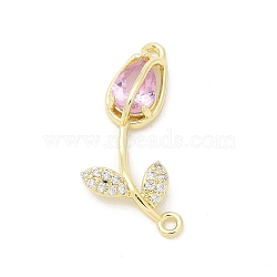 Brass Pearl Pink & Clear Cubic Zirconia Connector Charms, Tulip Flower Links, Golden, 27.5x11x5mm, Hole: 1.5mm(KK-G520-01G)