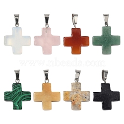 20Pcs Opalite/Synthetic Goldstone/Malachite/Turquoise/Natural Blue Spot Jasper/Crazy Agate/Green Aventurine/Indian Agate/Topaz Jade Cross Pendants, with 201 Stainless Steel Findings, Stainless Steel Color, 23~24x20x6mm, Hole: 7x4.5mm(G-YW0002-27)