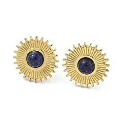 Ion Plating(IP) Real 18K Gold Plated 304 Stainless Steel Flat Round Stud Earrings, with Natural Lapis Lazuli, 15mm(EJEW-Z042-04D)