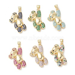 Brass Micro Pave Cubic Zirconia Pendants, Real 16K Gold Plated, Bear Charms, Mixed Color, 26.5x18x7mm, Hole: 5x3mm.(KK-M240-15)