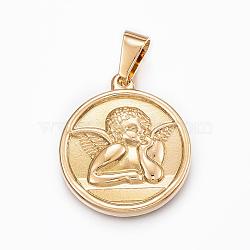 304 Stainless Steel Angel Pendants, Flat Round with Cupid/Cherub, Golden, 29x25x3.5mm, Hole: 9x5mm(STAS-H372-08G)