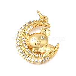 Rack Plating Brass Micro Pave Cubic Zirconia Pendants, Long-Lasting Plated, Lead Free & Cadmium Free, Moon Charms, with Jump Ring, Real 18K Gold Plated, 19x16x3.5mm, Hole: 3mm(ZIRC-F142-24G)