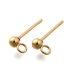 201 Stainless Steel Stud Earring Findings, with Loop and 304 Stainless Steel Pins, Round, Real 18K Gold Plated, 14x6x3mm, Hole: 1.6mm, Pin: 11x0.5mm(STAS-R156-01G-01)