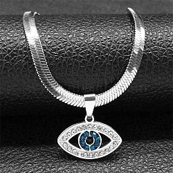 304 Stainless Steel Rhinestone Snake Chain Evil Eye Pendant Necklaces, Stainless Steel Color, 15.87 inch(40.3cm)(NJEW-K273-02P)