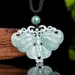 Natural Jadeite Carved Butterfly Pendant Necklaces, Adjustable Nylon Cord Slider Necklaces, 27.68 inch(70.3cm)(NJEW-F321-04)