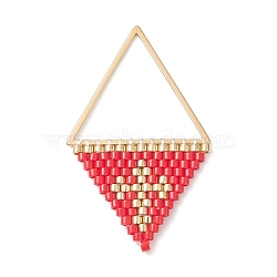 Handmade Japanese Seed Beads Pendants, Triangle with Cross Charms, Red, 37~38x23x2mm, Hole: 17x20mm(PALLOY-MZ00136-01)