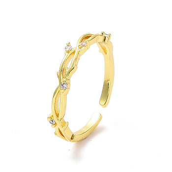 Clear Cubic Zirconia Branch Open Cuff Ring, Brass Jewelry for Women, Golden, Inner Diameter: 17.6mm