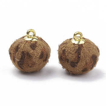 Handmade Cloth Fabric Covered Pendants, with Golden Tone Alloy Findings, Round, Camel, 16~17x14mm, Hole: 1.5mm