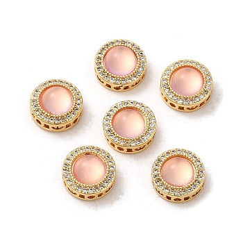 Brass Micro Pave Cubic Zirconia Multi-Strand Links, with Resin Imitation Pink Opal, Flat Round, Real 18K Gold Plated, Pearl Pink, 10x5.5mm, Hole: 1.2mm