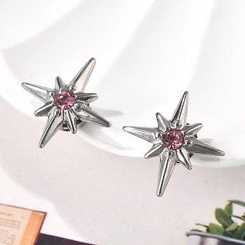 Rhinestone Star Clip-on Earrings, Magnetic 304 Stainless Steel Non-piercing Earrings, Stainless Steel Color, Rose, 16x15.5mm