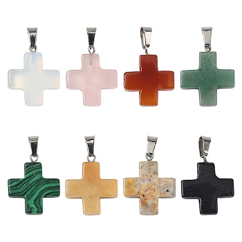 20Pcs Opalite/Synthetic Goldstone/Malachite/Turquoise/Natural Blue Spot Jasper/Crazy Agate/Green Aventurine/Indian Agate/Topaz Jade Cross Pendants, with 201 Stainless Steel Findings, Stainless Steel Color, 23~24x20x6mm, Hole: 7x4.5mm