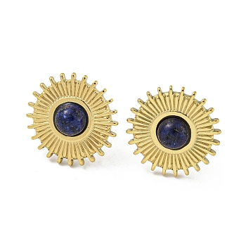 Real 18K Gold Plated 304 Stainless Steel Flat Round Stud Earrings, with Natural Lapis Lazuli, 15mm