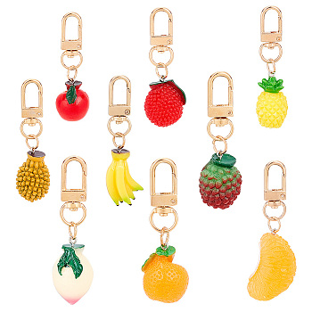 WADORN 9Pcs 9 Style Fruit Keychain, Resin Pendant Keychain, with Iron Swivel Clasp, Durian & Orange & Peach, Mixed Color, 62~80mm, 1pc/style