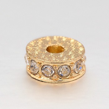 Rack Plating Flat Round Alloy Rhinestone Beads, Long-Lasting Plated, Light Gold, 13x5mm, Hole: 4mm