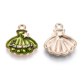 Alloy Enamel Pendants, Light Gold, Shell/Scallop with Star & Word Summer, Olive Drab, 17.5x16.5x3mm, Hole: 1.6mm