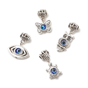 Tibetan Style Alloy & Resin Pendants, with Iron & 304 Stainless Steel Findings, Evil Eye, Butterfly & Owl & Eye & Turtle, Antique Silver, 23~33mm, Hole: 3.7mm