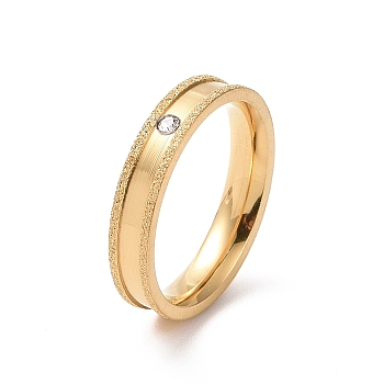 Crystal Rhinestone Grooved Finger Ring, Textured 201 Stainless Steel Jewelry for Women, Golden, Inner Diameter: 17mm, 4mm