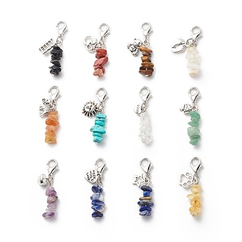 Gemstone Chips Beaded Pendant Decorations, Lobster Clasp Charms, with Tibetan Style Alloy Charms and Iron Findings, Star & Bear & Heart, Elephant, Footprint, 42mm, 12pcs/set