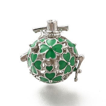 Alloy Enamel Bead Cage Pendants, Hollow Clover Charm, for Chime Ball Pendant Necklaces Making, Platinum, Green, 34mm, Hole: 6x3mm, Bead Cage: 26x25x21mm, 18mm Inner Size.