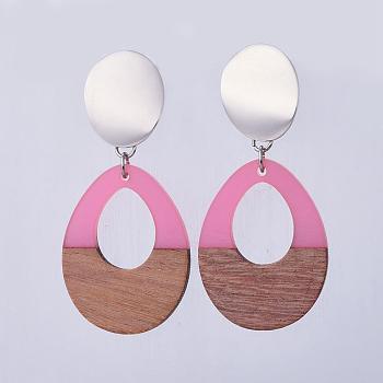 Resin & Wood Dangle Earrings, with Platinum Brass Stud Earrings Findings and 304 Stainless Steel Findings, teardrop, Hot Pink, 62.5~63mm, Pendant: 37.5x28.5x3.5mm, Pin: 0.8mm
