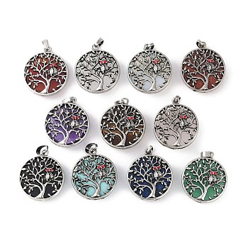 Natural & Synthetic Mixed Gemstone Tree of Life with Owl Pendants, Rack Plating Anstique Silver Plated Alloy Siam Rhinestone Flat Round Charms, Lead Free & Cadmium Free, Mixed Dyed and Undyed, 31.5x27.5x10~11mm, Hole: 8x4mm