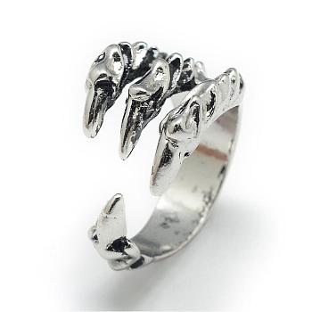 Adjustable Alloy Cuff Finger Rings, Eagle Claw, Size 8, Antique Silver, 18mm